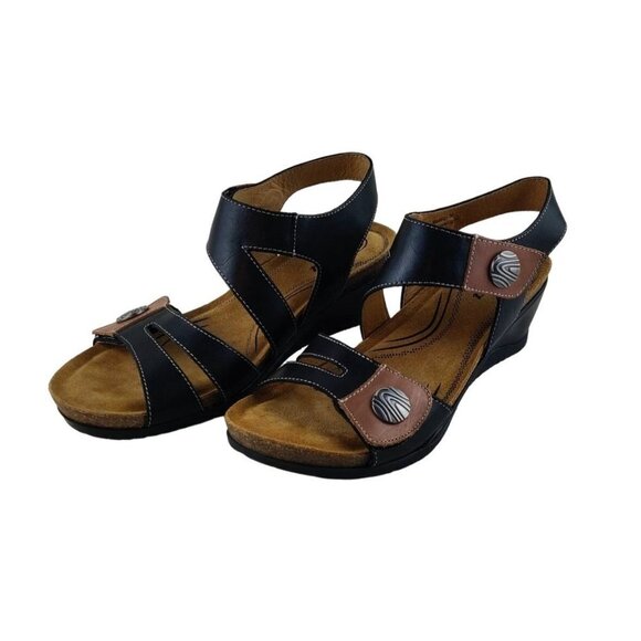 Biza Sandal Wedge US 5.5 Adjustable Straps Comfort Leather Black Brown Summer - Picture 1 of 11